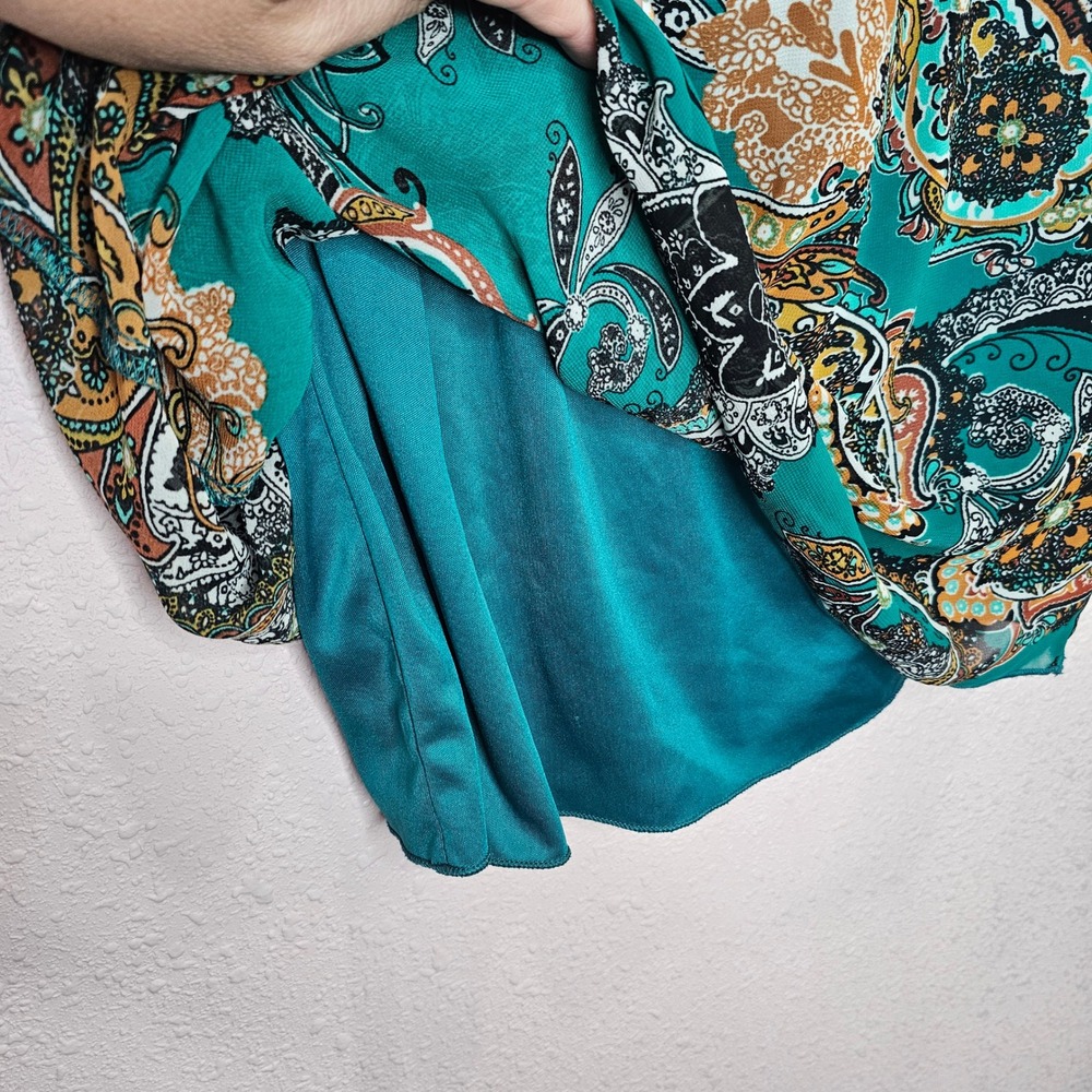 Paisley Print Green Dress Sheer Overlay Sleeveless Party Cocktail Autumn Harvest - Picture 12 of 12
